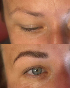Vergleich einer Augenpartie mit dünnen Augenbrauen vor dem Browlifting und vollen, definierten Augenbrauen nach der Behandlung.