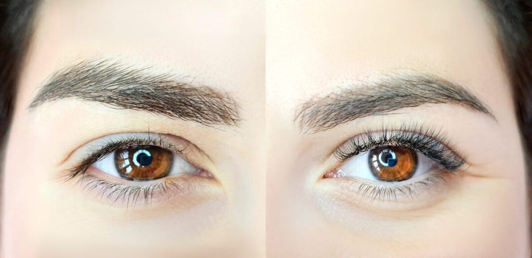 Ein Vorher-Nachher-Vergleich von Augen, der den sanften und natürlichen Schwung eines Korean Lash Lifts von der Wurzel an zeigt.