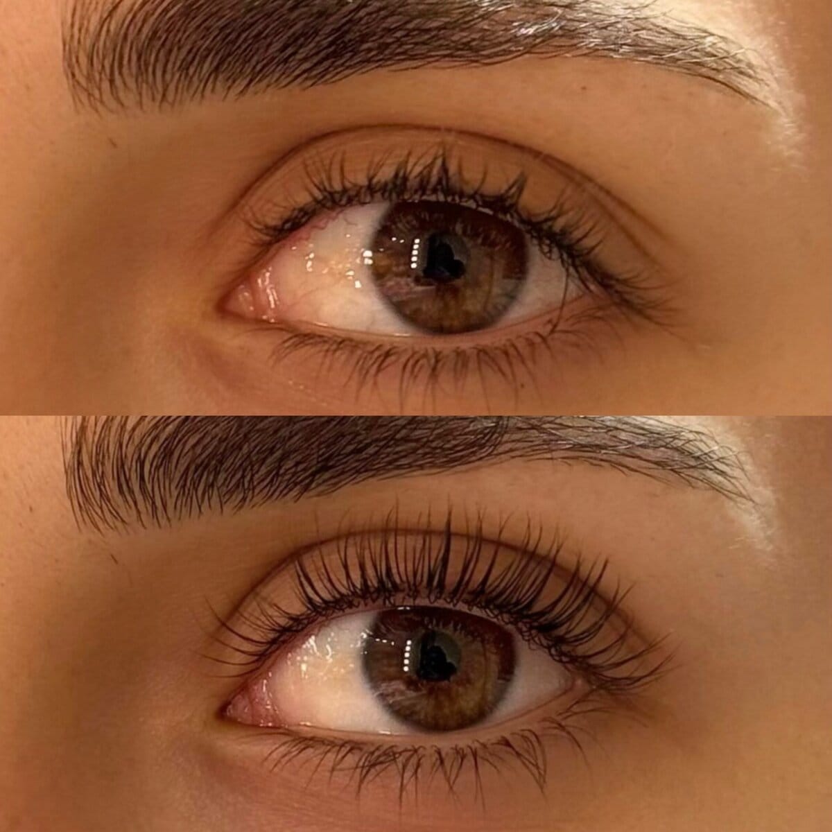 Ein Vorher-Nachher-Vergleich eines Auges mit geraden Wimpern, die durch das Wimpernlifting einen starken und sichtbaren Schwung erhalten.