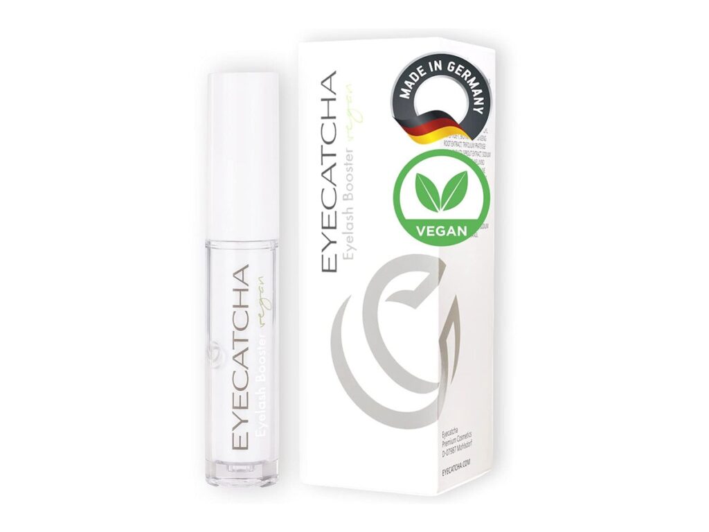 Eyecatcha Wimpernserum mit weißer Verpackung und Flasche, Made in Germany und vegan-Abzeichen