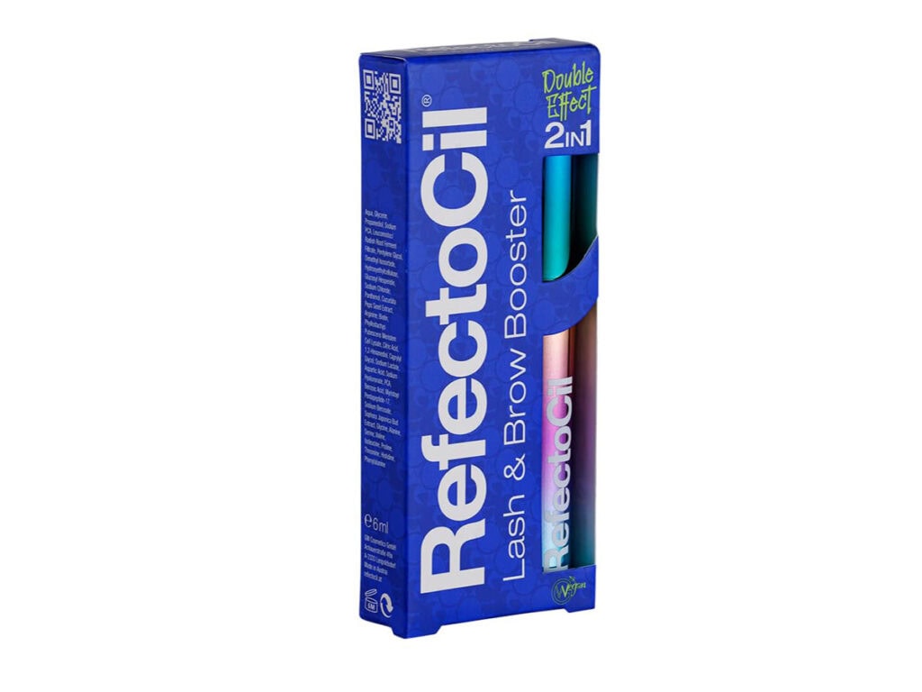 Blaue Verpackung des RefectoCil Wimpernserum Lash & Brow Booster mit Double Effect 2in1 Aufschrift